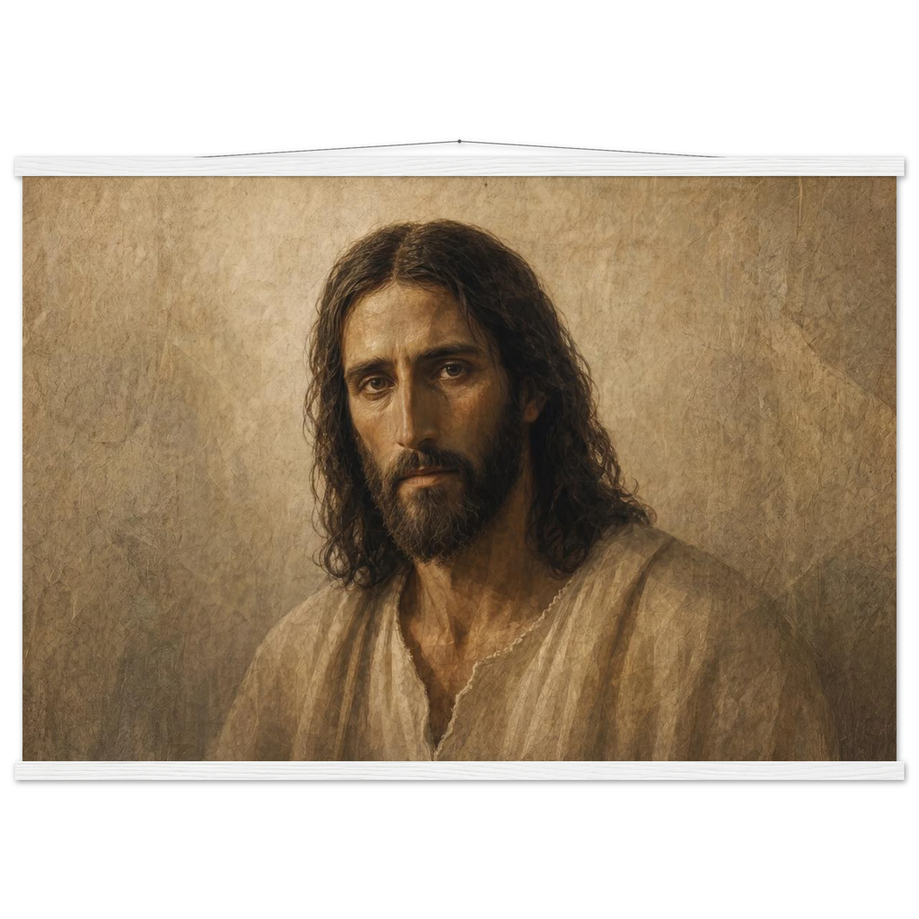 Pôster Kind Eyes com suporte de madeira, retrato sereno de Jesus em luz quente