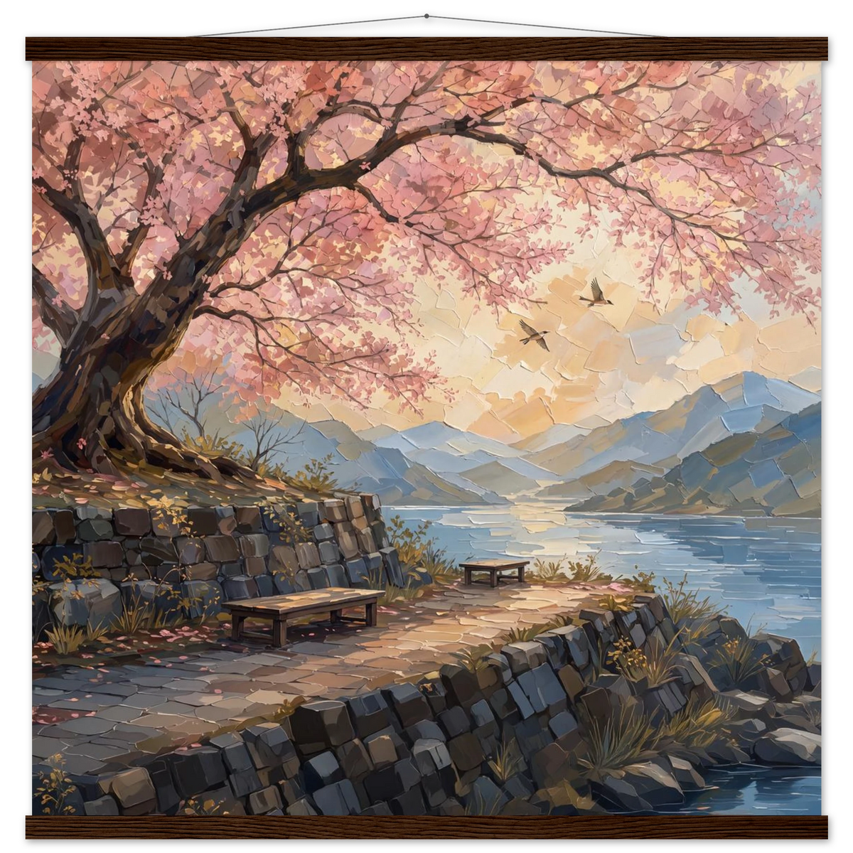 Cherry Blossom Lake: japanese art, sunset and japandi. Fine art poster with wooden hanger by The Light Stays.