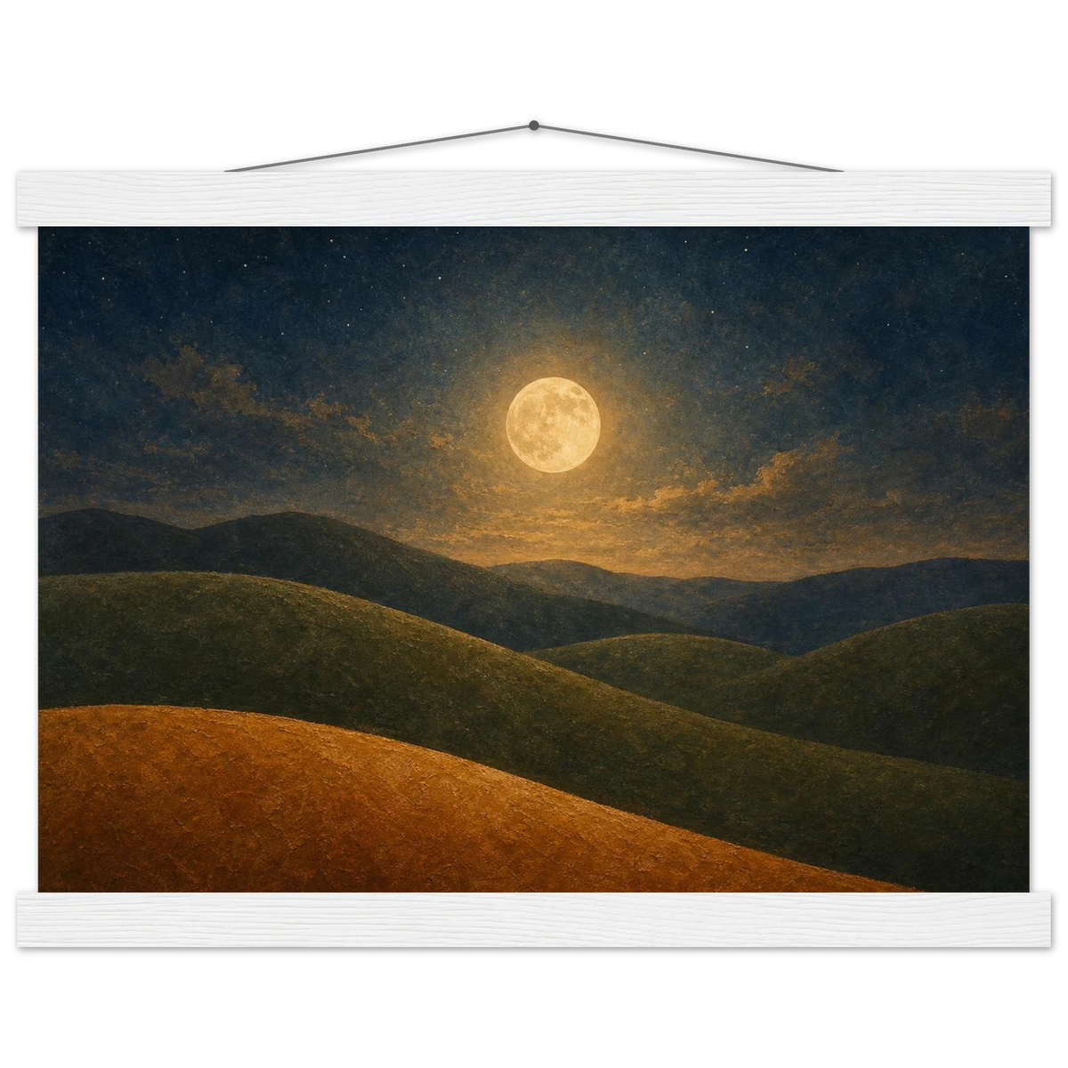 Moon Hills: night, minimalist landscape and charcoal. Fine art poster with wooden hanger by The Light Stays.