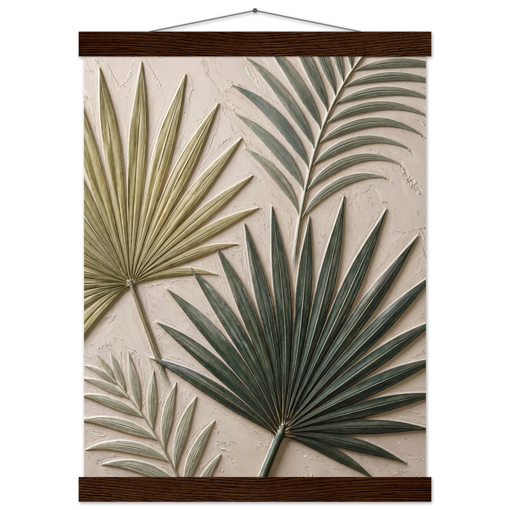 Carved Fronds, impasto, leaves and sand tones. Archival fine art poster shown framed.