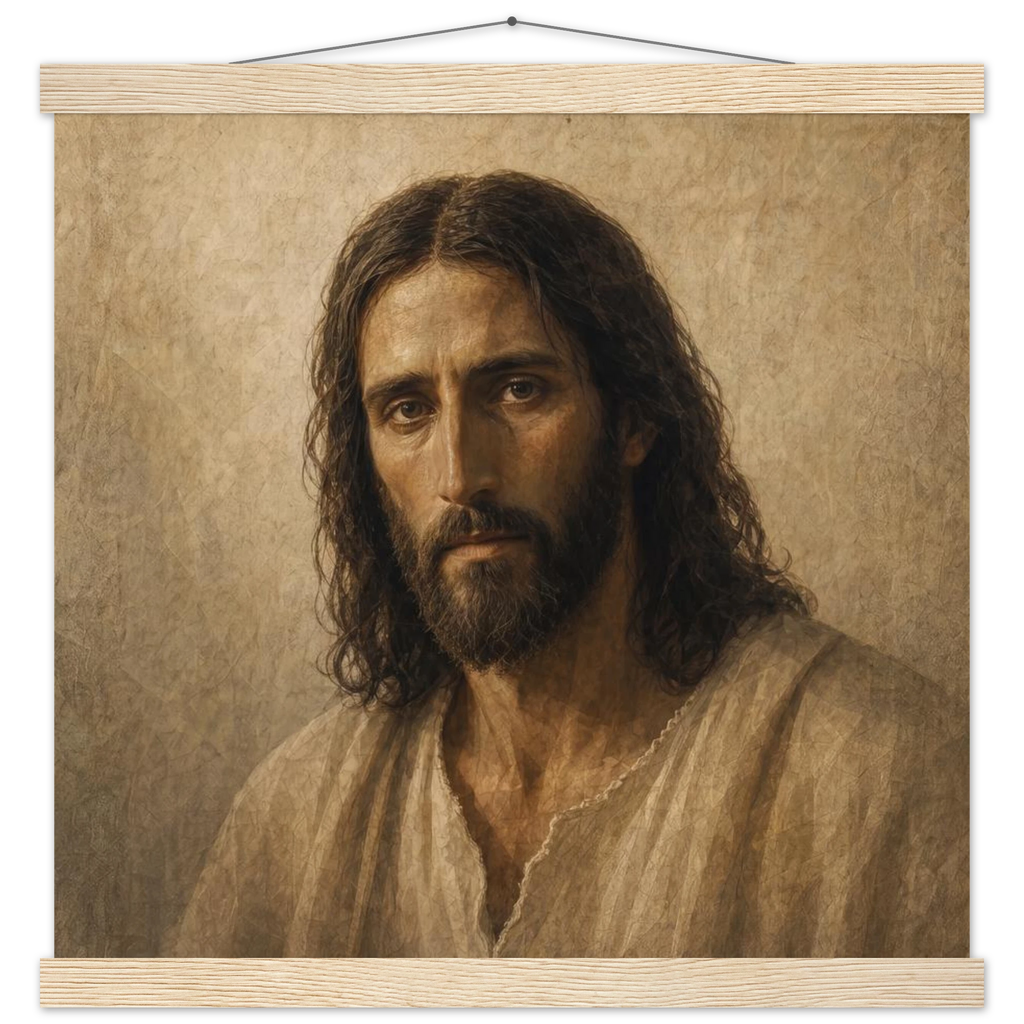 Pôster Kind Eyes com suporte de madeira, retrato sereno de Jesus em luz quente