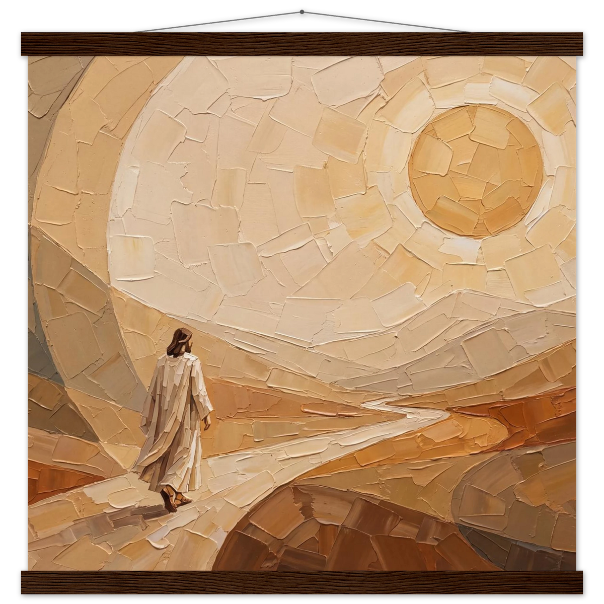 Lightfall: jesus, landscape and golden tones. Fine art poster with wooden hanger by The Light Stays.