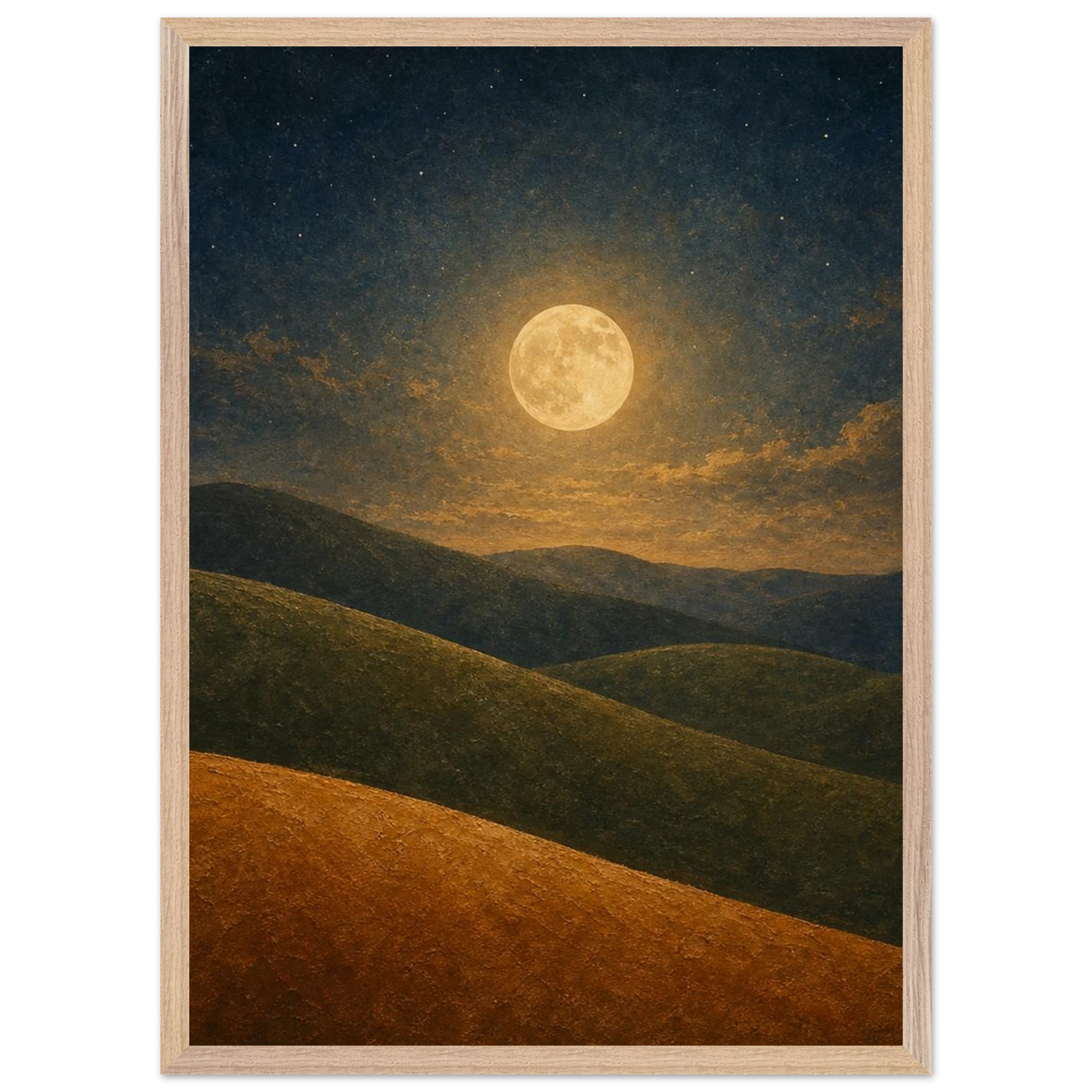 Moon Hills: night, minimalist landscape and charcoal. Framed fine art print by The Light Stays.