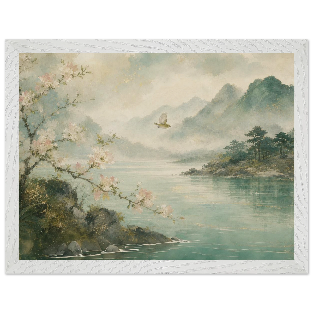 Celadon Flight: birds, japanese landscape and japandi. Framed fine art print by The Light Stays.