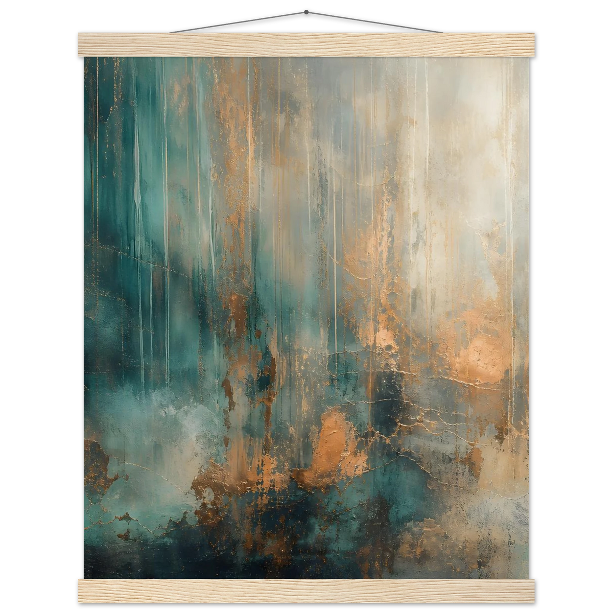 Copper Rain: abstract, texture and metallic tones. Fine art poster with wooden hanger by The Light Stays.
