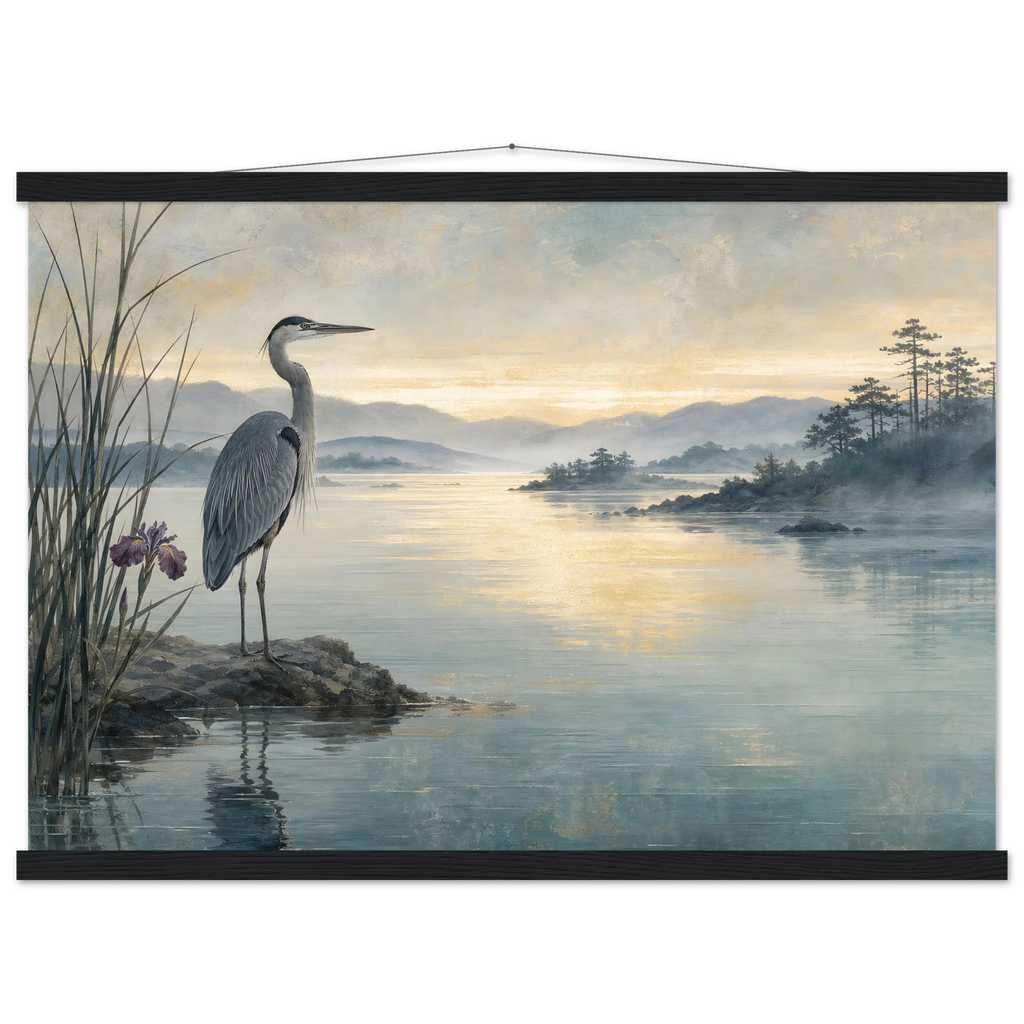 Heron at Dawn, japanese art and japandi. Archival fine art poster shown framed.