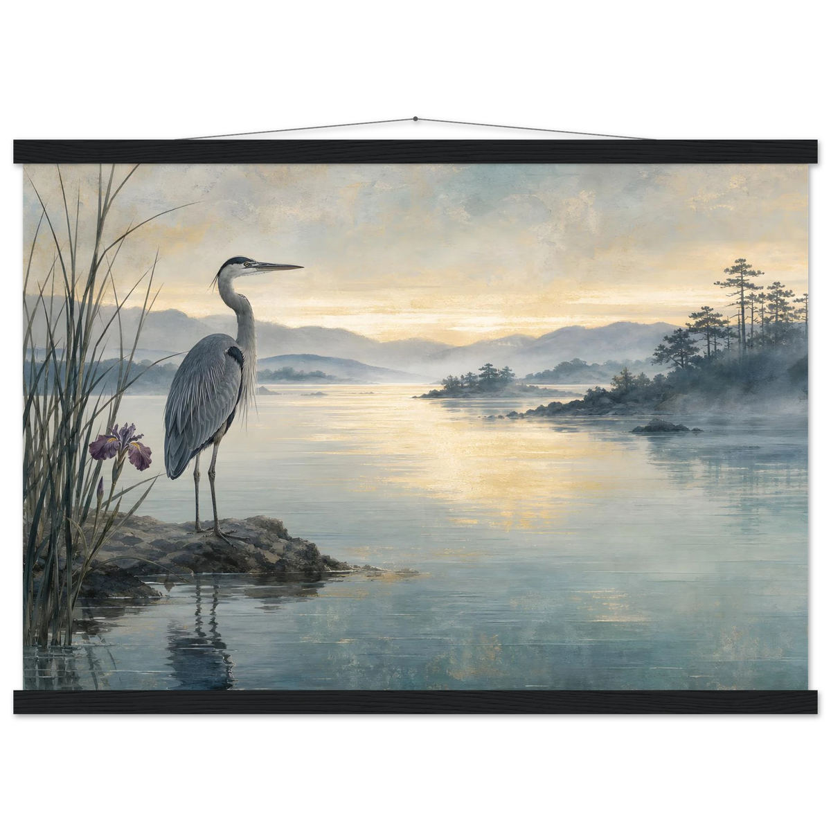 Heron at Dawn, japanese art and japandi. Archival fine art poster shown framed.