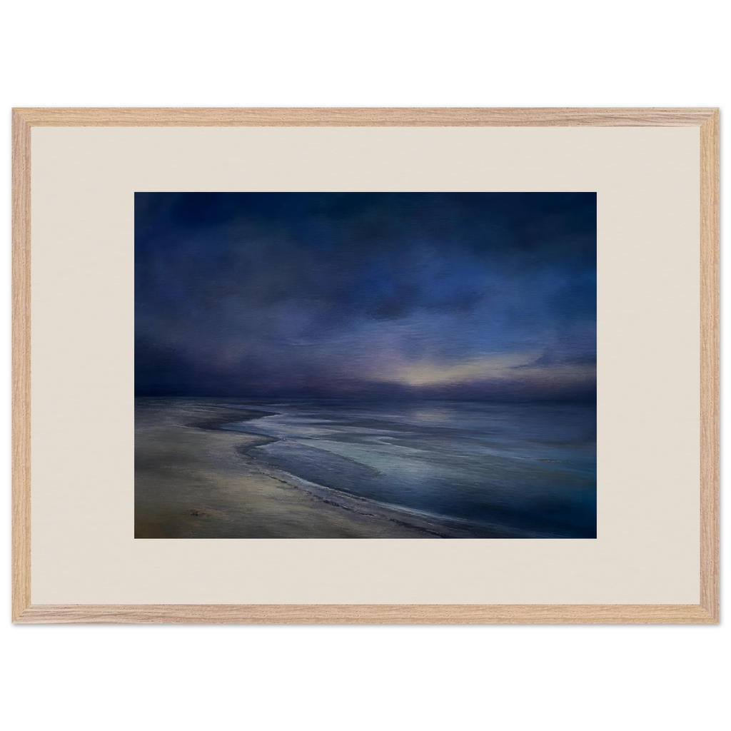 Blue Hour Shore: sea and coastal landscape. Framed fine art print, alternate frame and size.