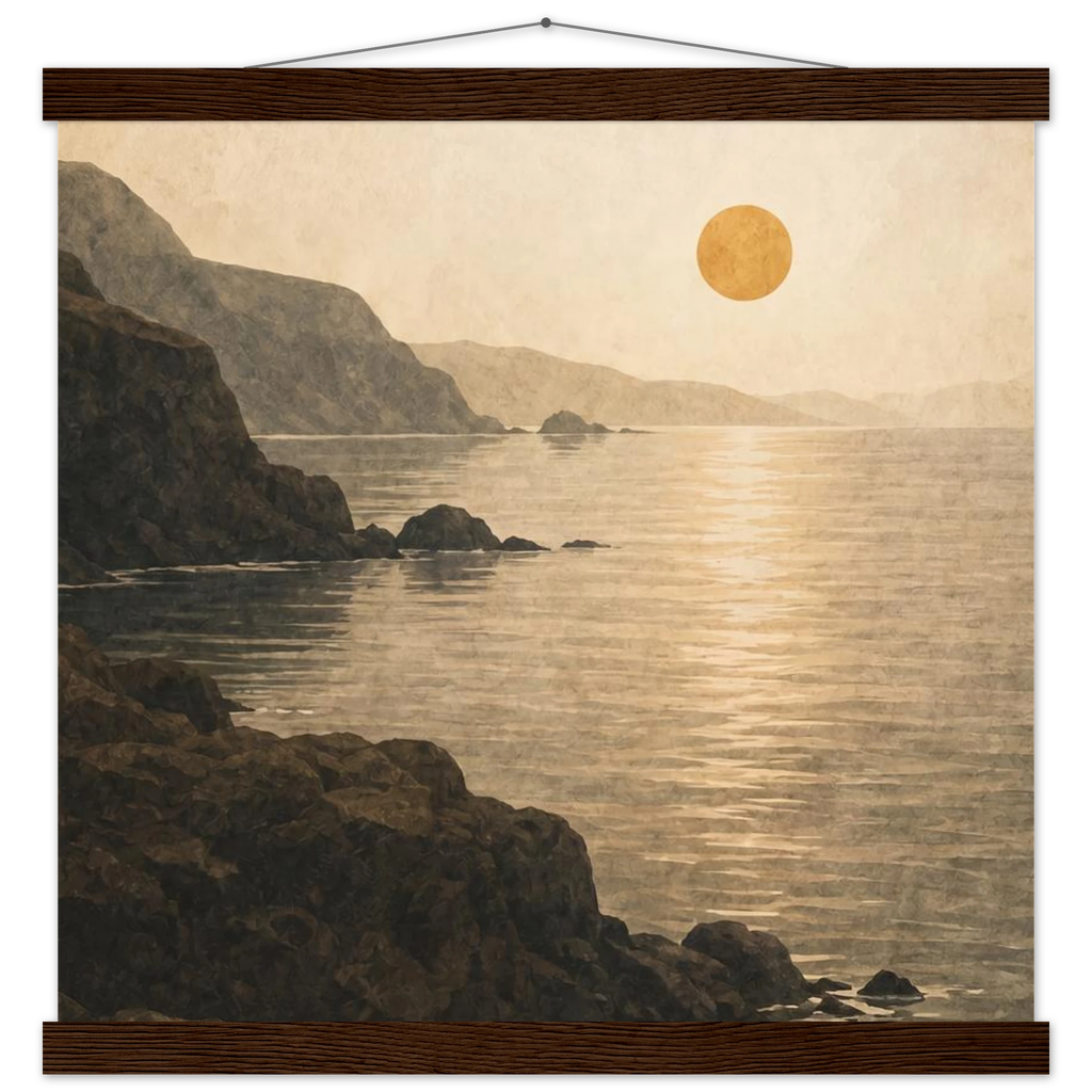 Pôster Amber Coast com suporte de madeira, pôr do sol em tons quentes sobre a costa