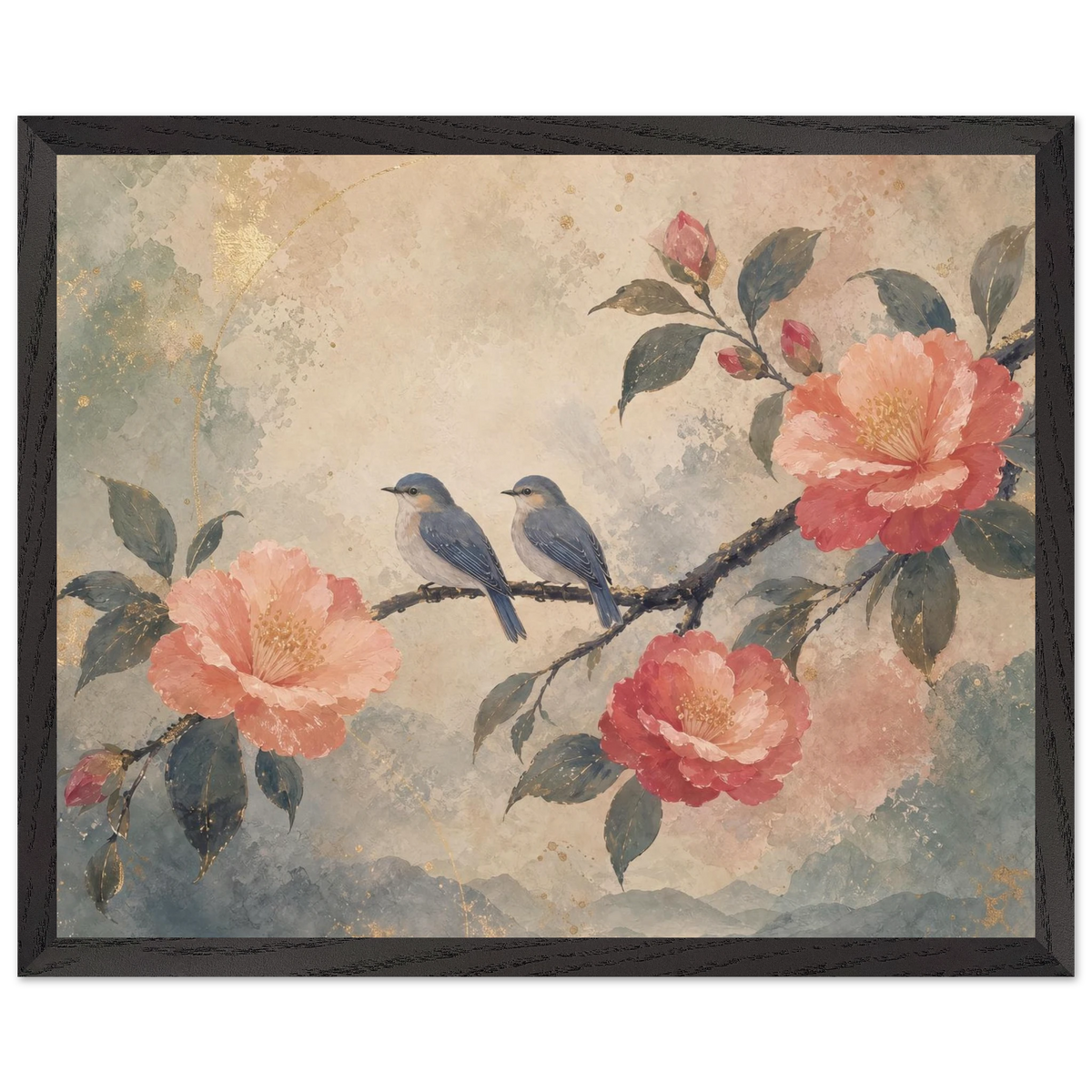 Camellia Birds: flowers and botanical. Framed fine art print, alternate frame and size.