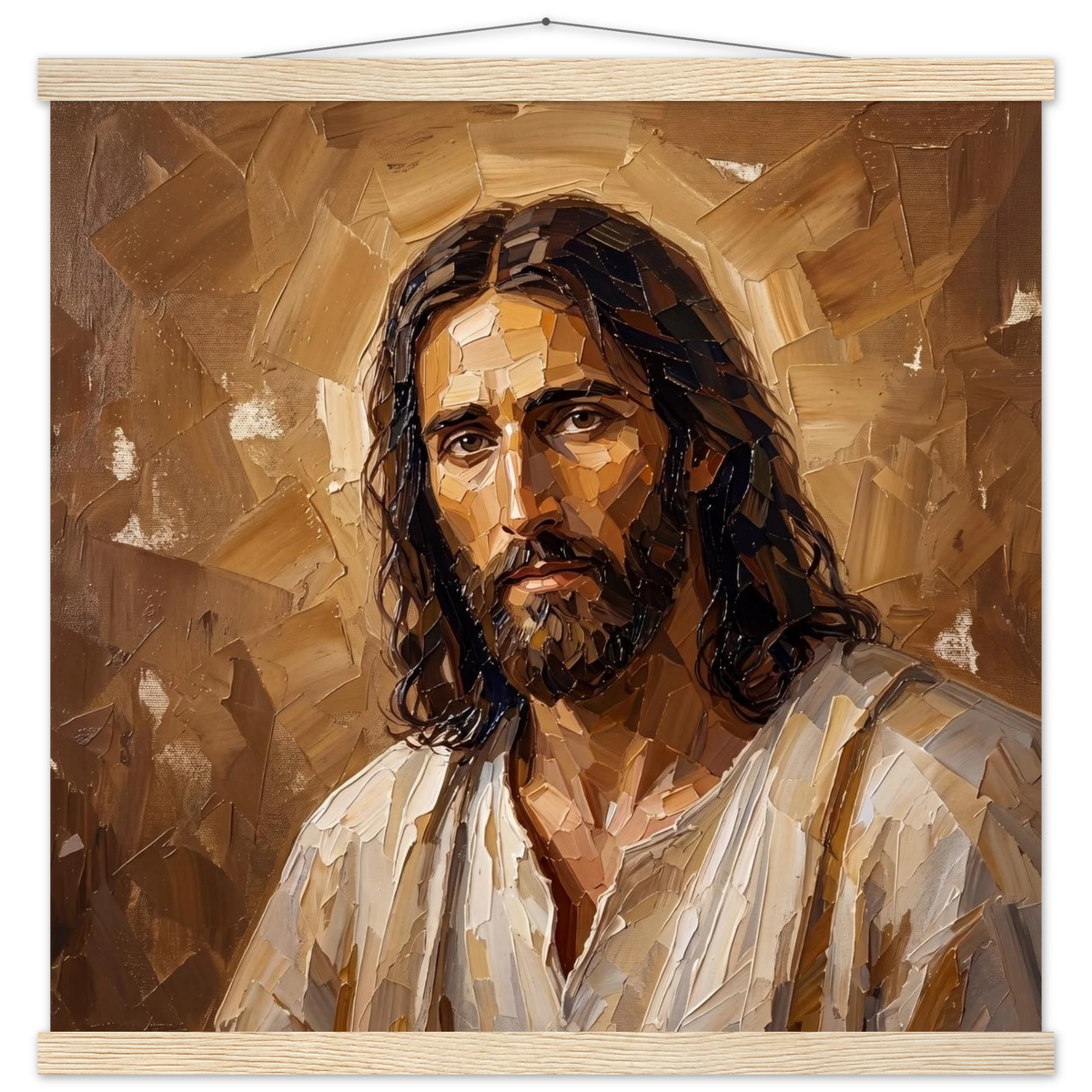 Kind Eyes: jesus, faith and serene gaze. Fine art poster with wooden hanger by The Light Stays.