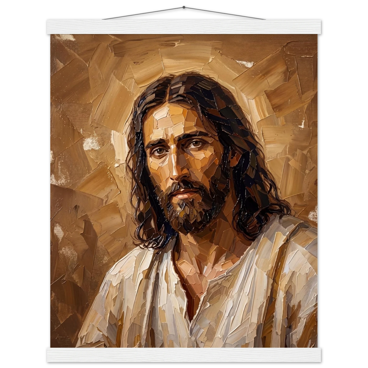 Kind Eyes: jesus, faith and serene gaze. Fine art poster with wooden hanger by The Light Stays.