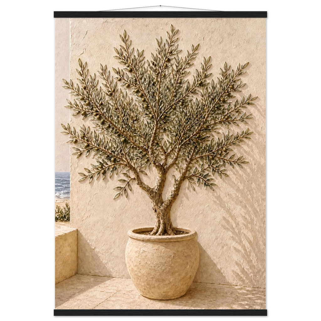 Olive Terrace, landscape and sun. Archival fine art poster shown framed.