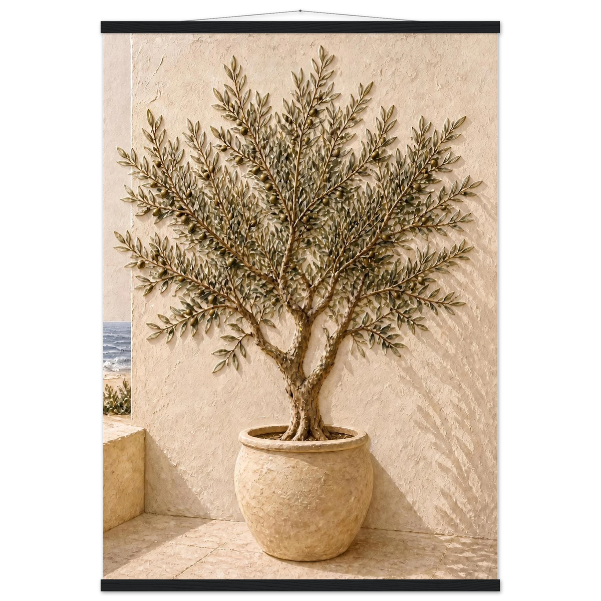 Olive Terrace, landscape and sun. Archival fine art poster shown framed.