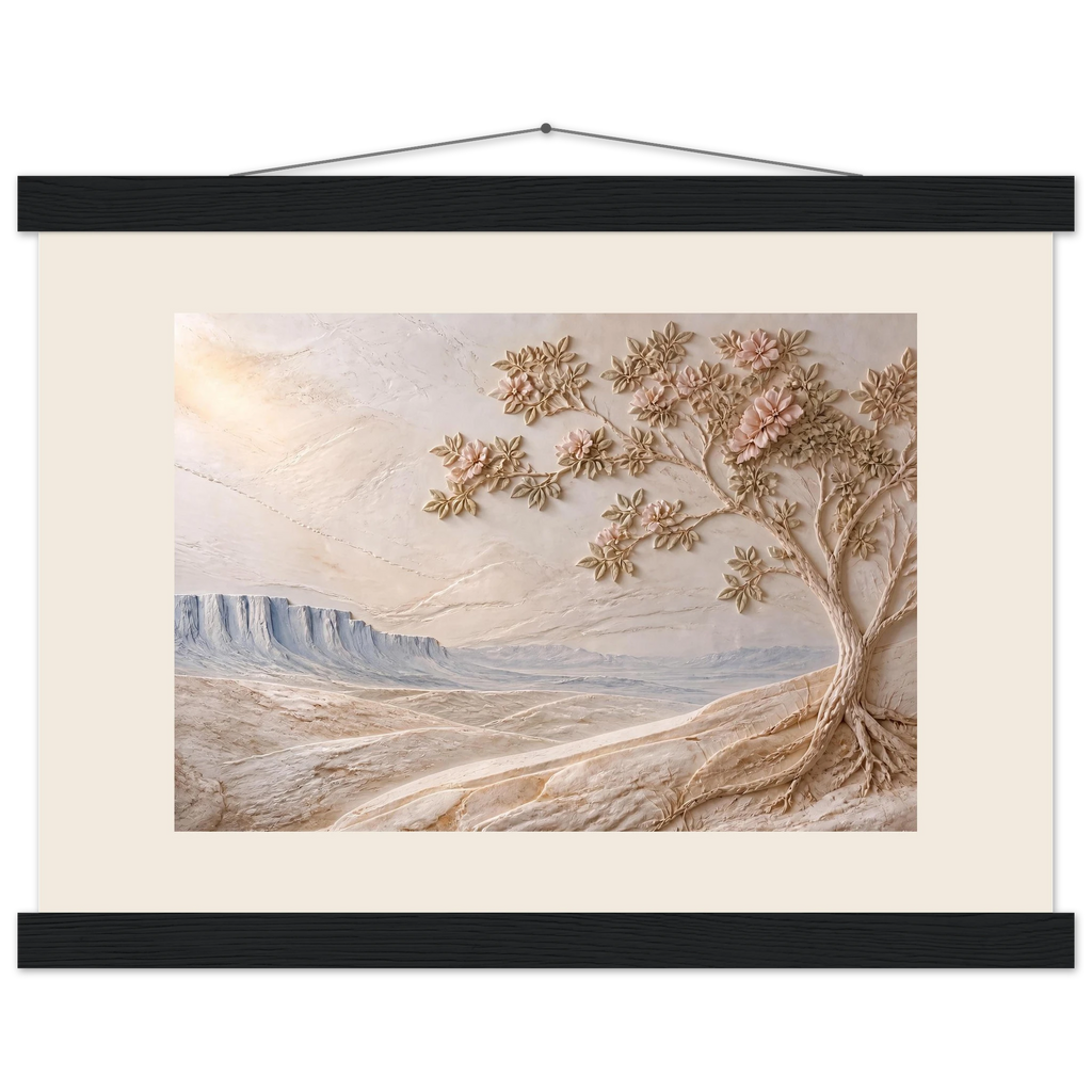 Cliffside Bloom: petra and flora. Fine art poster, alternate frame and size.