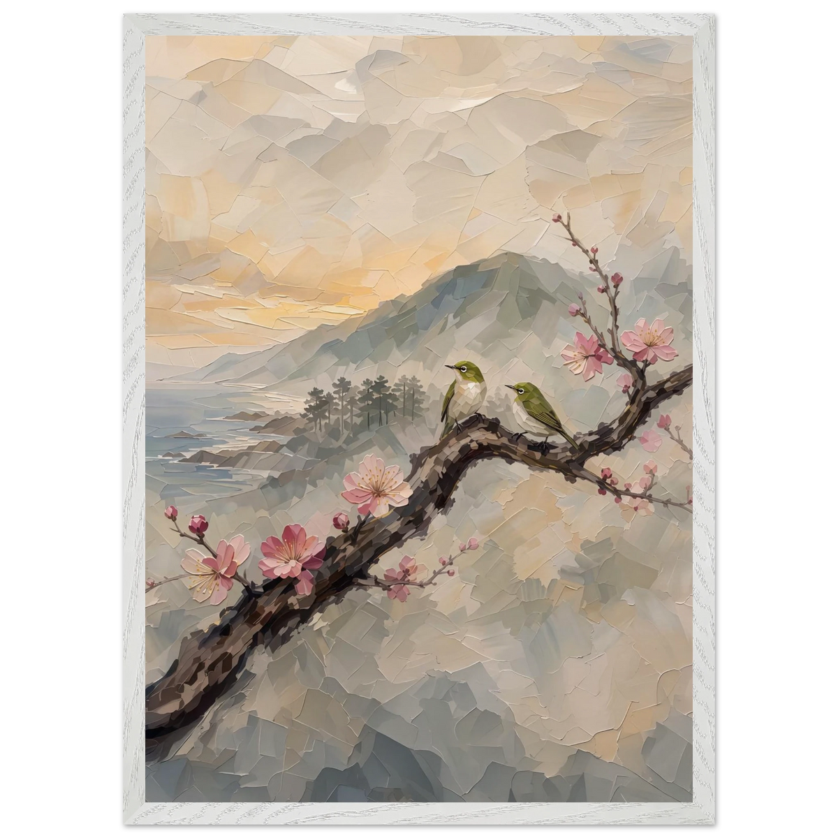 Plum Branch Pair: birds, japanese landscape and japandi. Framed fine art print by The Light Stays.