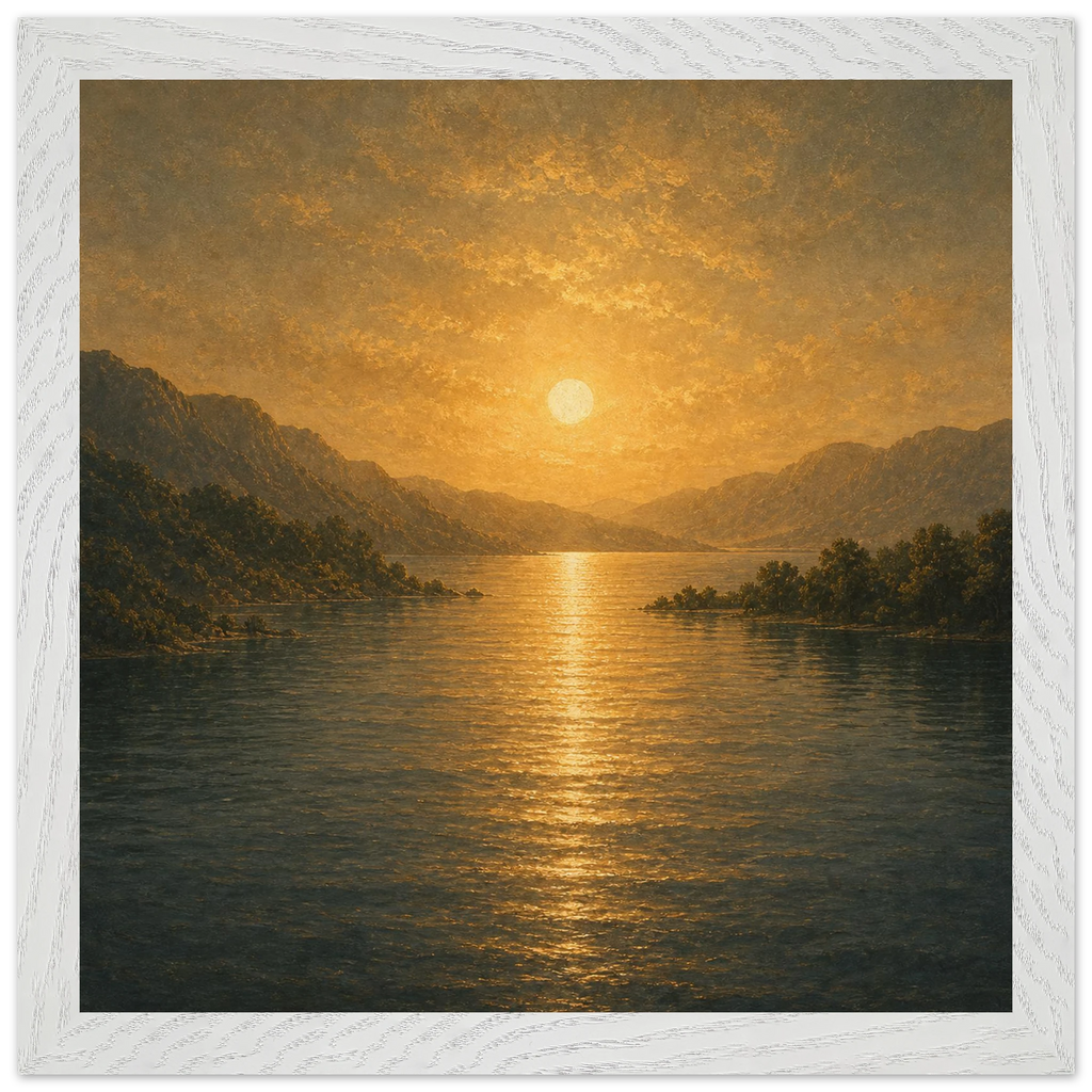 Quadro emoldurado Reflexo Dourado, lago e montanhas sob luz dourada