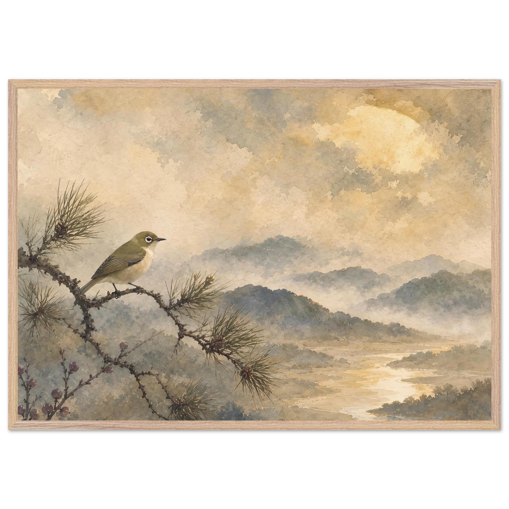 Golden Moon Bird, japanese art and japandi. Archival framed fine art print shown framed.