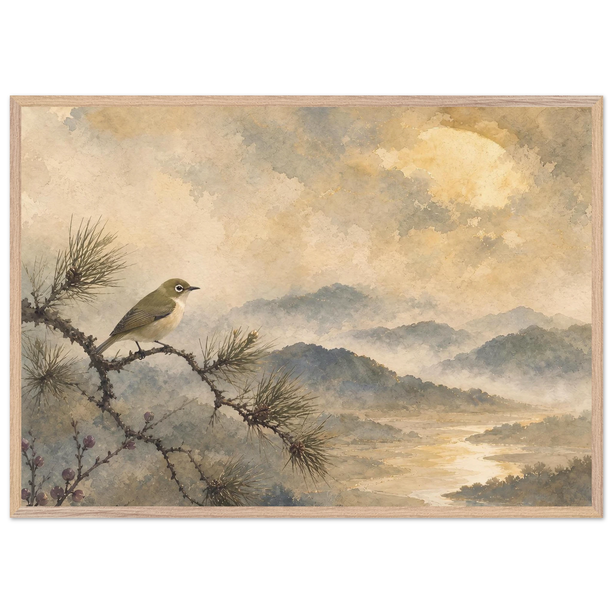 Golden Moon Bird, japanese art and japandi. Archival framed fine art print shown framed.