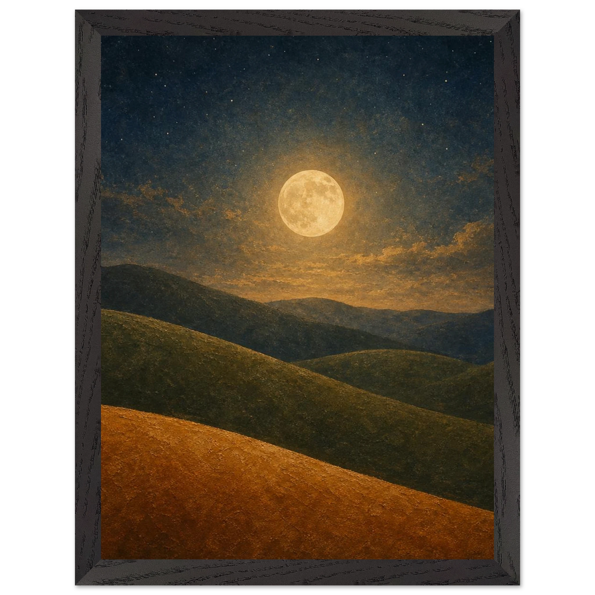 Moon Hills: night, minimalist landscape and charcoal. Framed fine art print by The Light Stays.