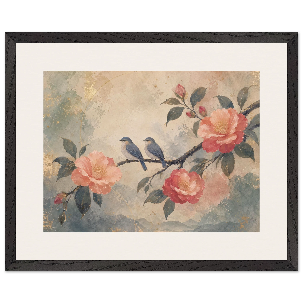 Camellia Birds: flowers and botanical. Museum-quality framed fine art print.