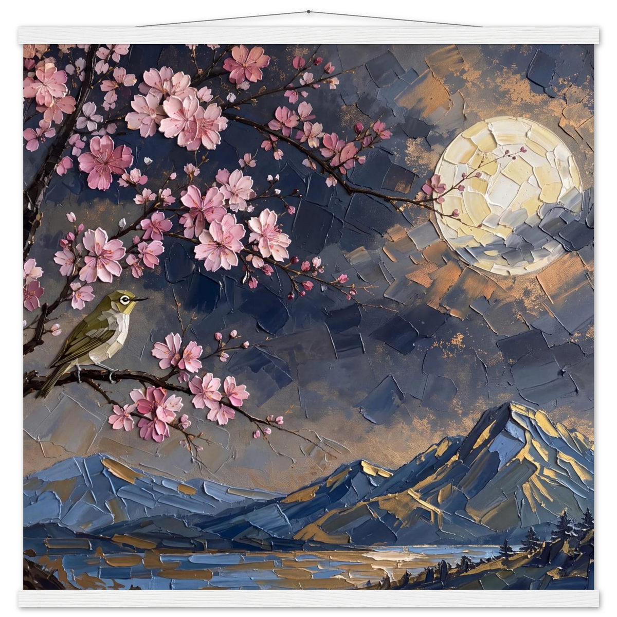Blossom Moon: cherry blossom, japanese landscape and night. Fine art poster with wooden hanger by The Light Stays.