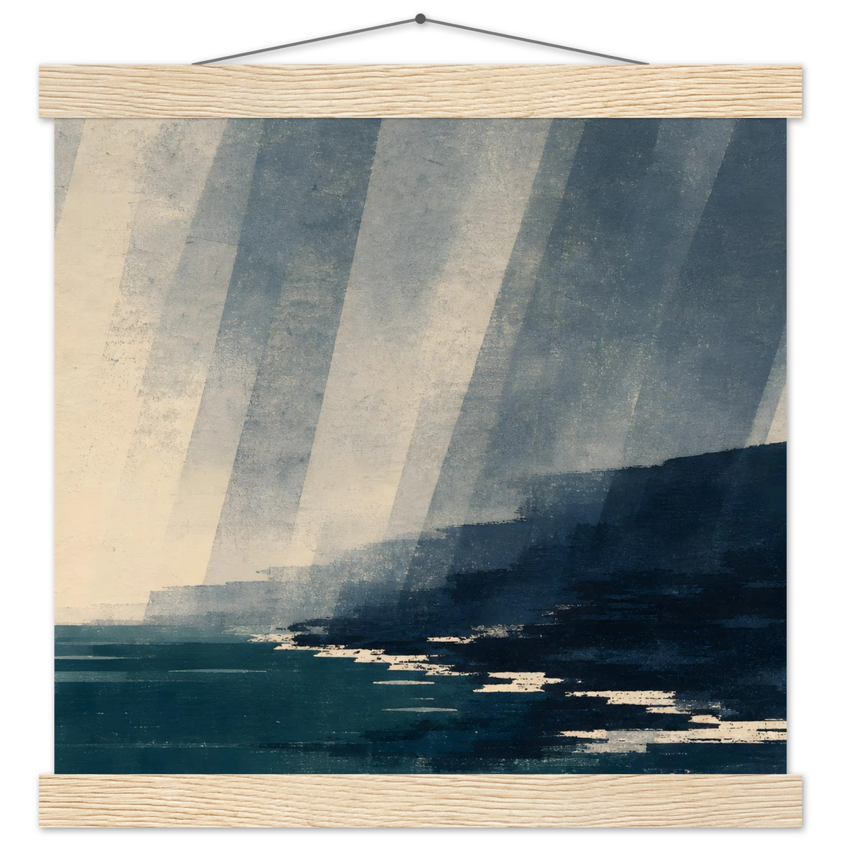 Rain Coast: japandi, teal blue and atmosphere. Fine art poster with wooden hanger by The Light Stays.