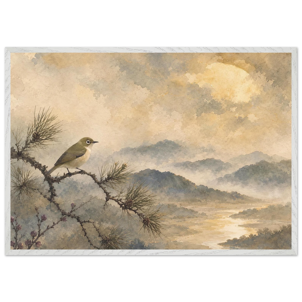 Golden Moon Bird, japanese art and japandi. Archival framed fine art print shown framed.