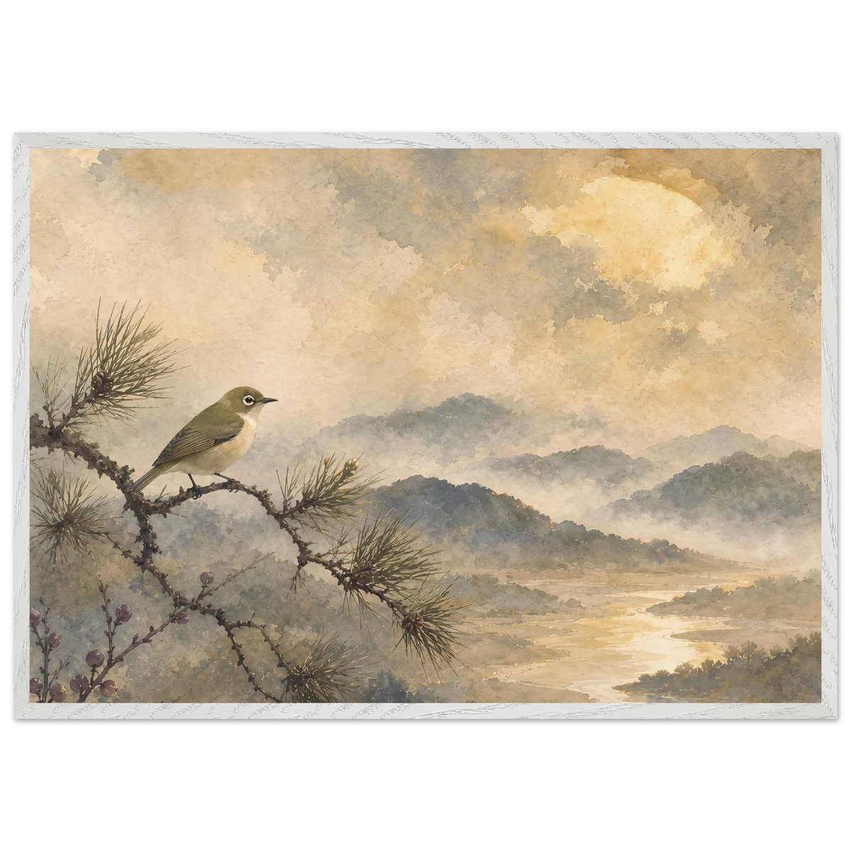 Golden Moon Bird, japanese art and japandi. Archival framed fine art print shown framed.