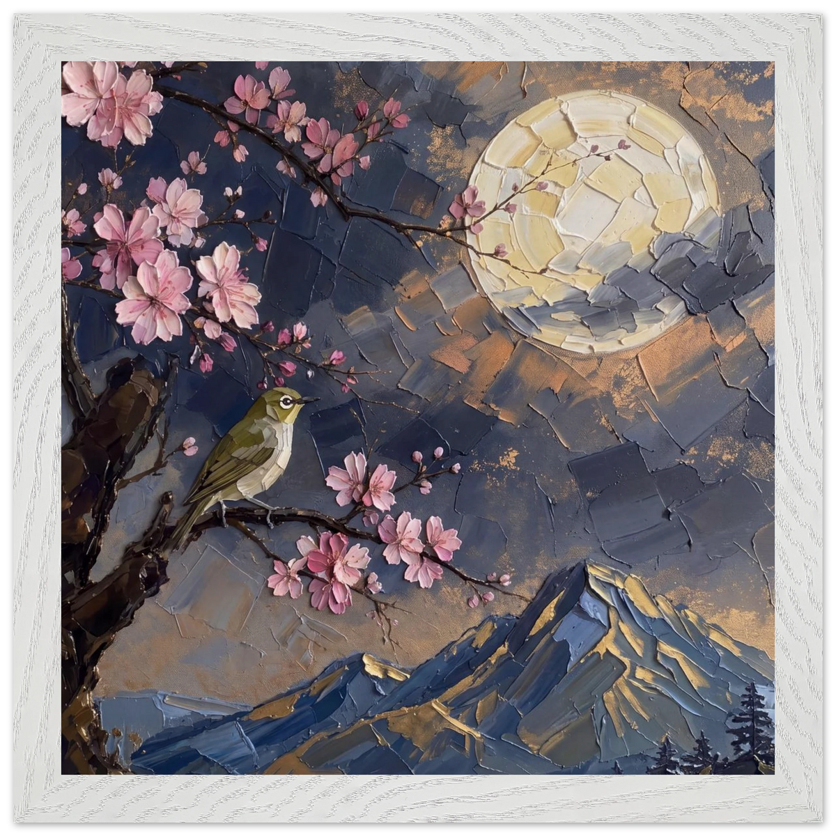 Blossom Moon: cherry blossom, japanese landscape and night. Framed fine art print by The Light Stays.
