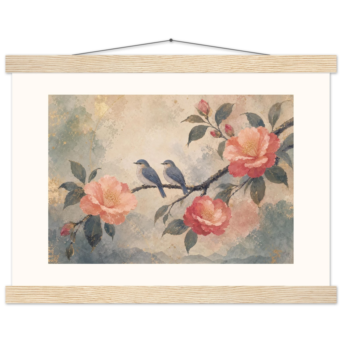 Camellia Birds: flowers and botanical. Fine art poster.