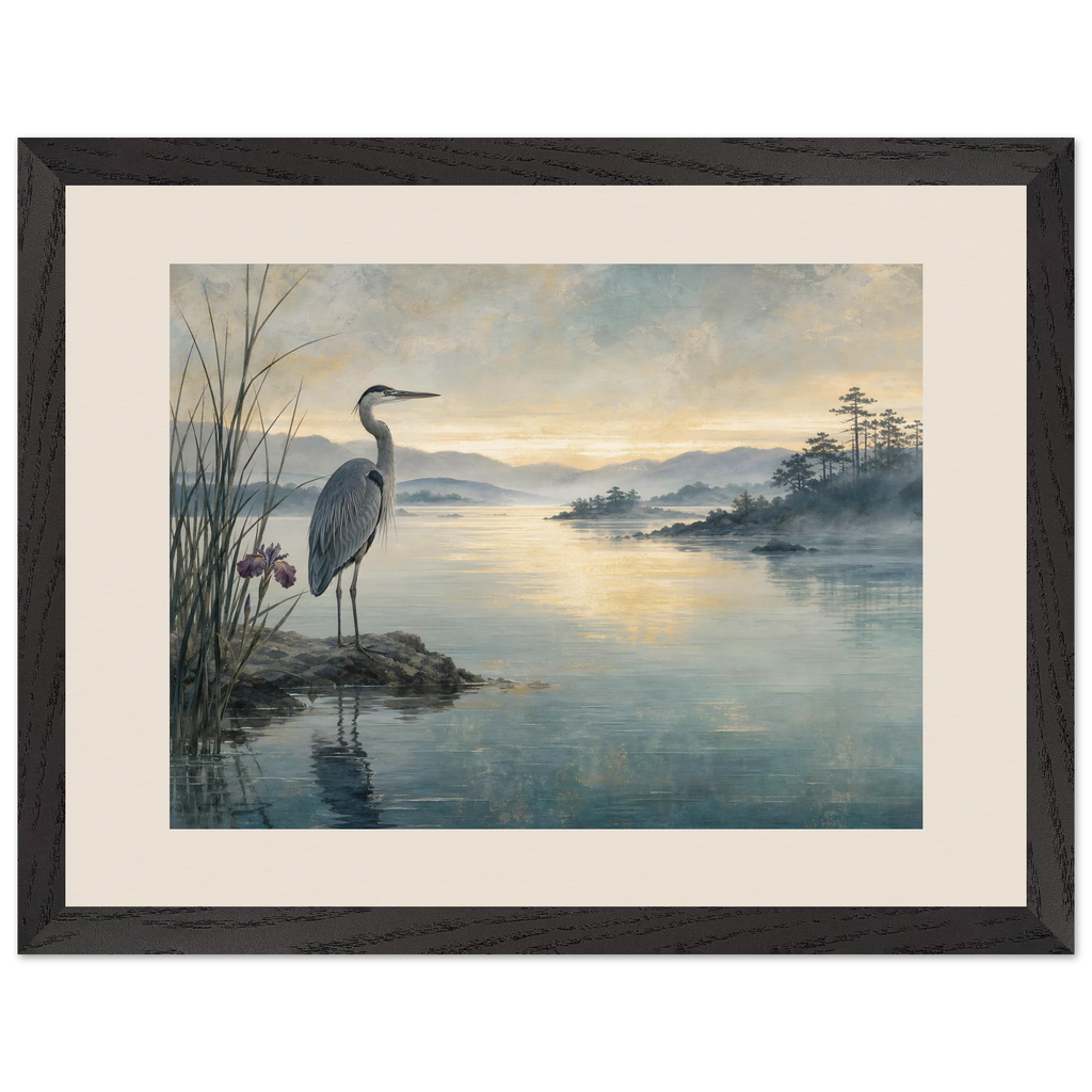 Heron at Dawn: japanese art and japandi. Framed fine art print.