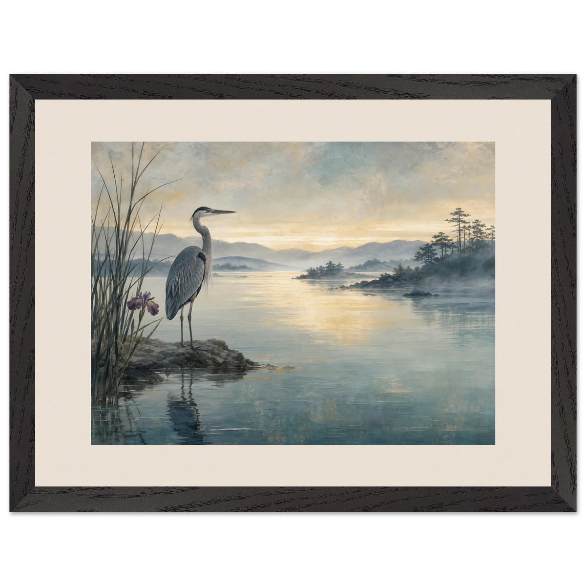 Heron at Dawn: japanese art and japandi. Framed fine art print.