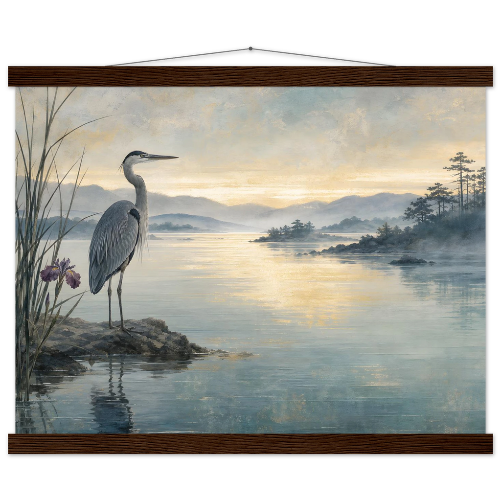Heron at Dawn: japanese art and japandi. Fine art poster by The Light Stays.