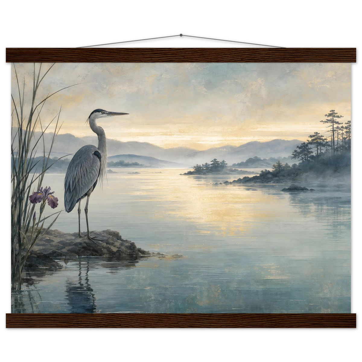 Heron at Dawn: japanese art and japandi. Fine art poster by The Light Stays.