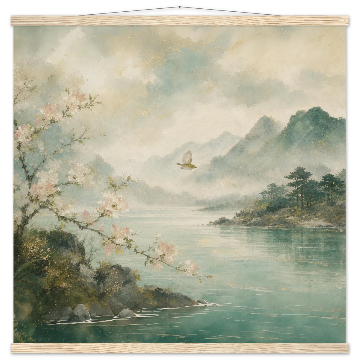 Celadon Flight: birds, japanese landscape and japandi. Fine art poster with wooden hanger by The Light Stays.