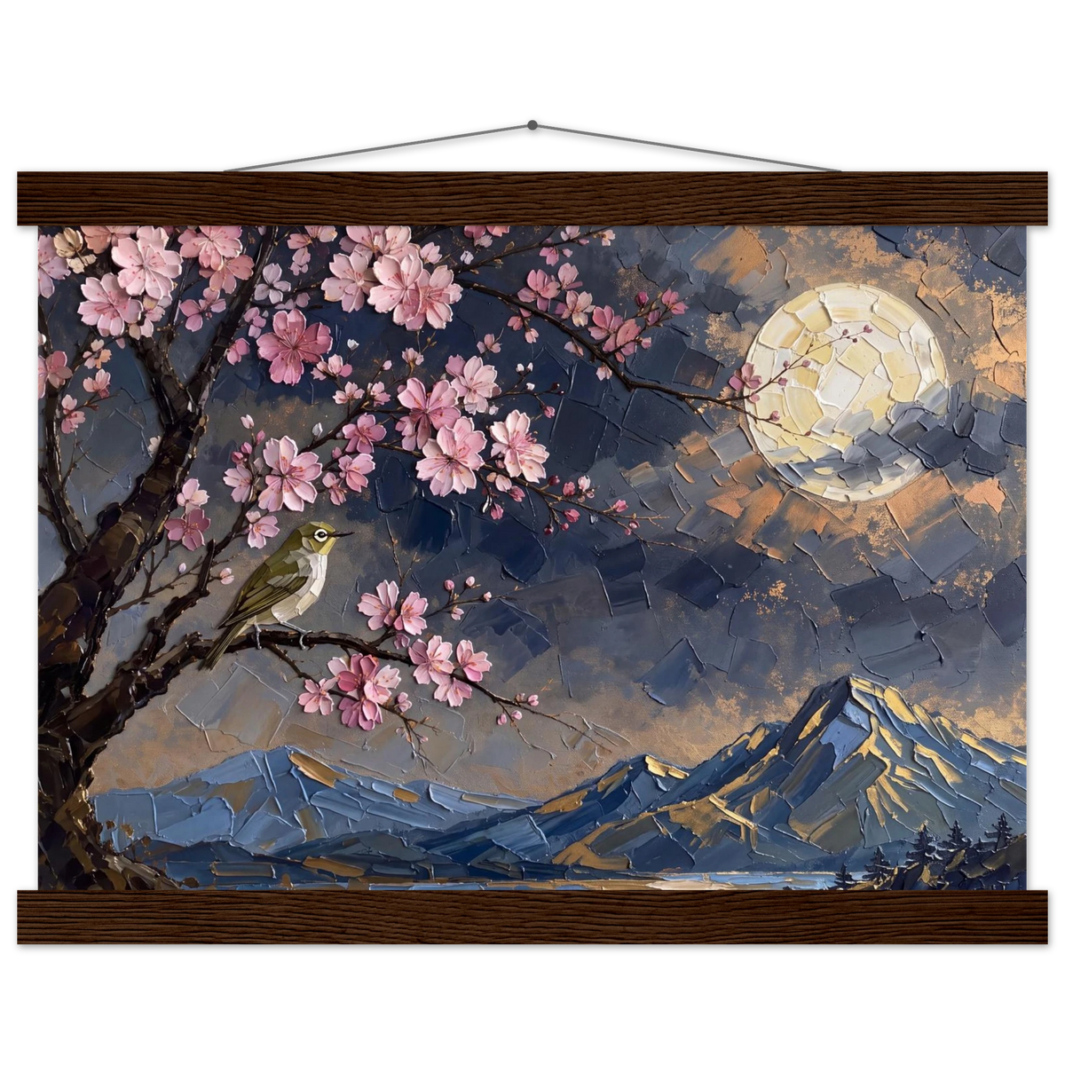 Blossom Moon: cherry blossom, japanese landscape and night. Fine art poster with wooden hanger by The Light Stays.