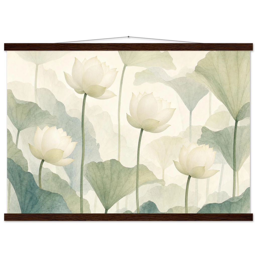 Ivory Lotus Screen: flowers and botanical. Fine art poster, alternate frame and size.