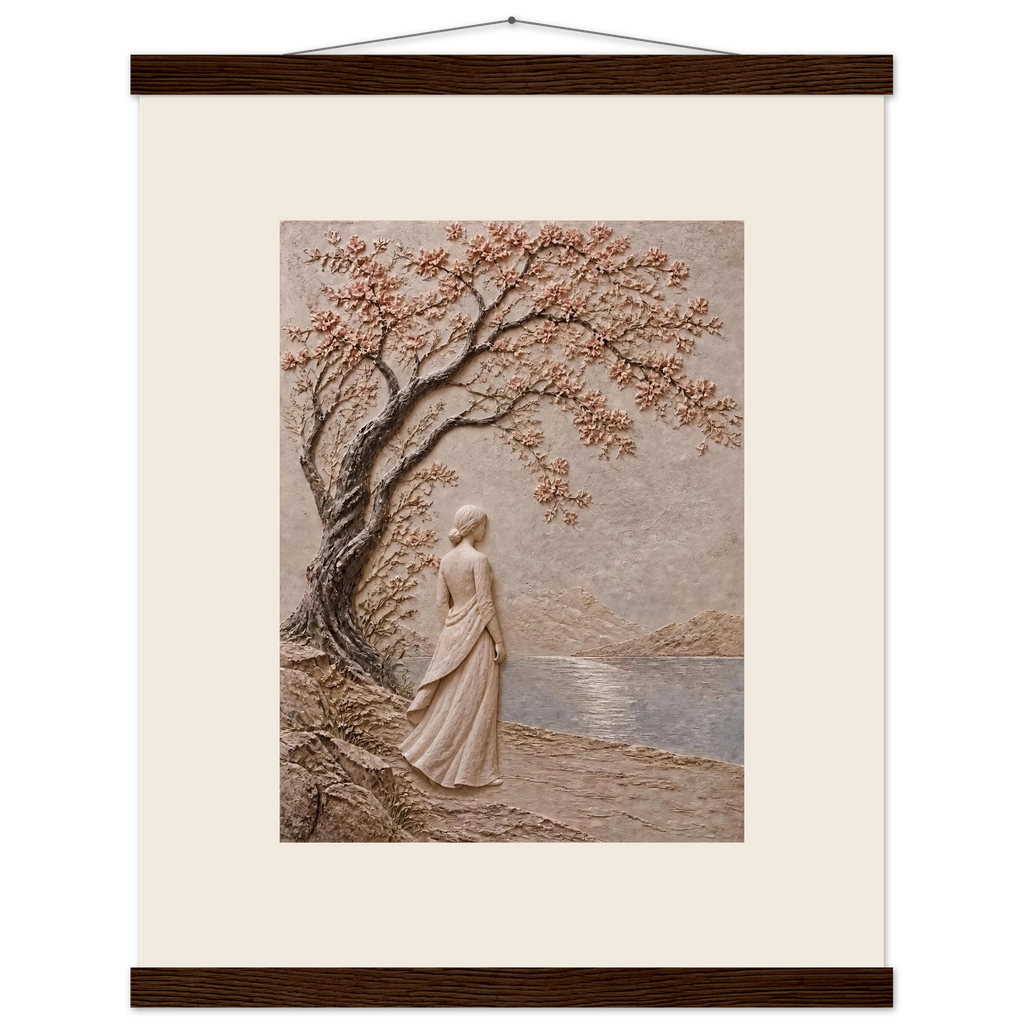 Spring Walk: impasto, lake and blossoming tree. Museum-quality fine art poster.
