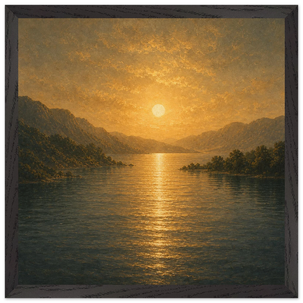 Quadro emoldurado Reflexo Dourado, lago e montanhas sob luz dourada