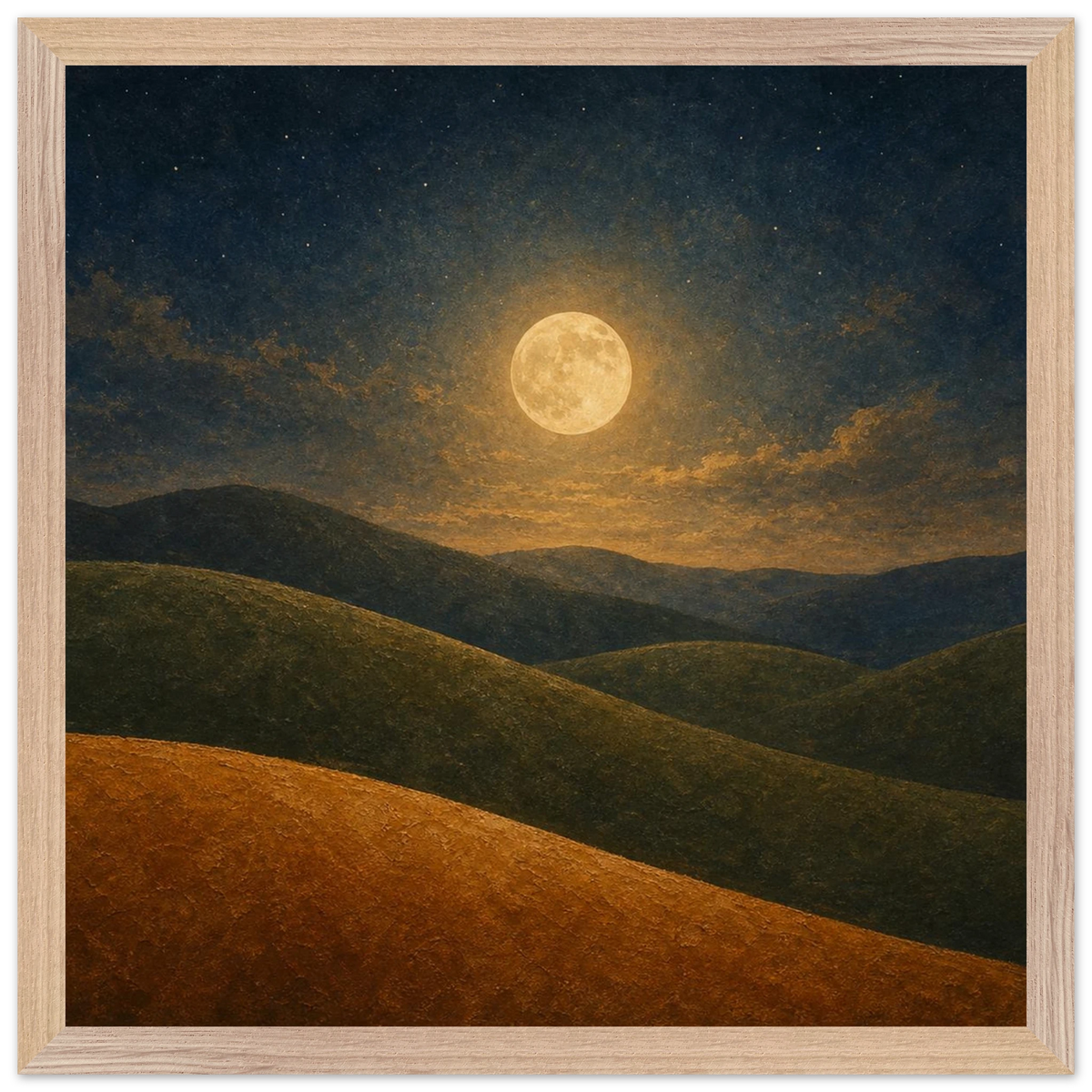 Moon Hills: night, minimalist landscape and charcoal. Framed fine art print by The Light Stays.