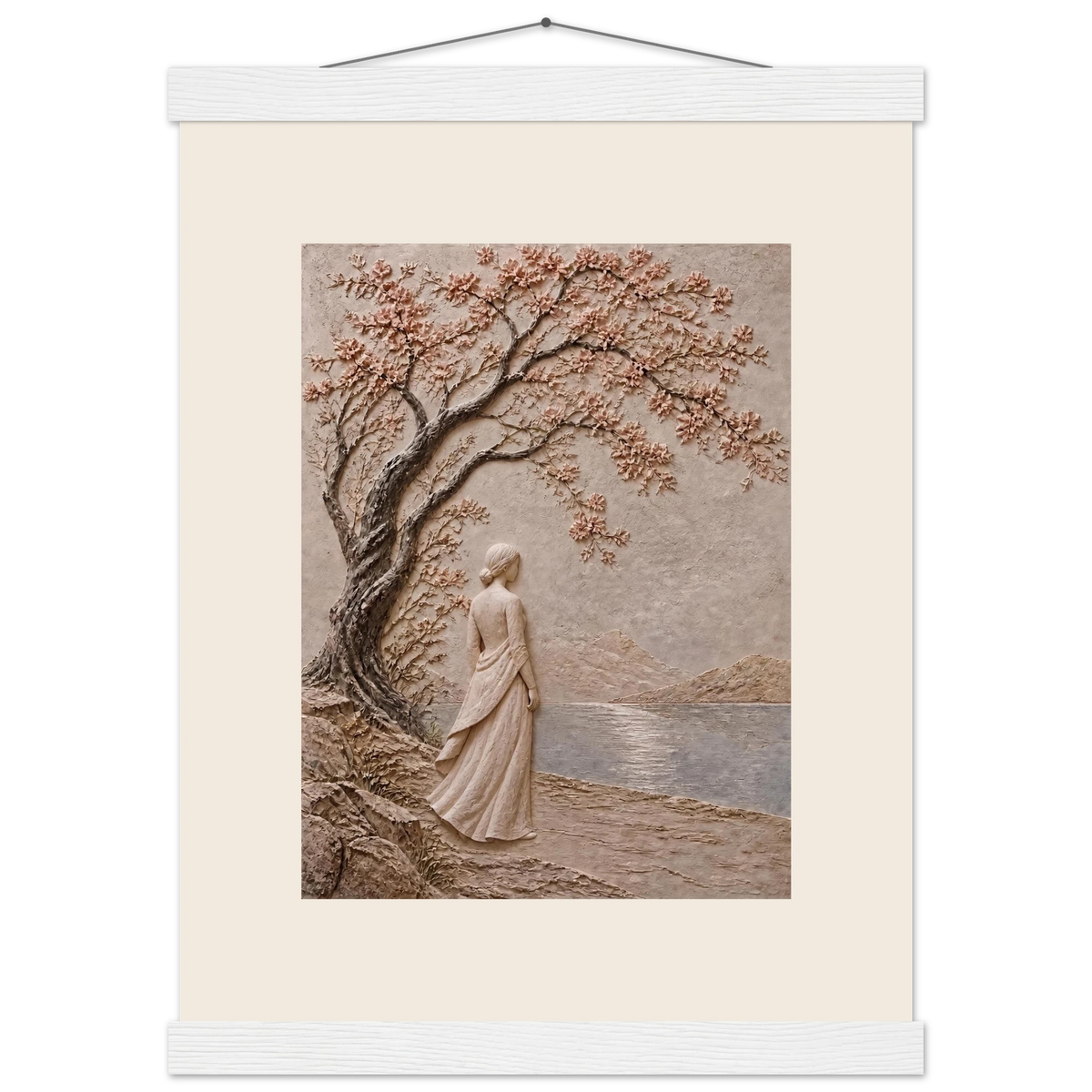 Spring Walk: impasto, lake and blossoming tree. Fine art poster by The Light Stays.