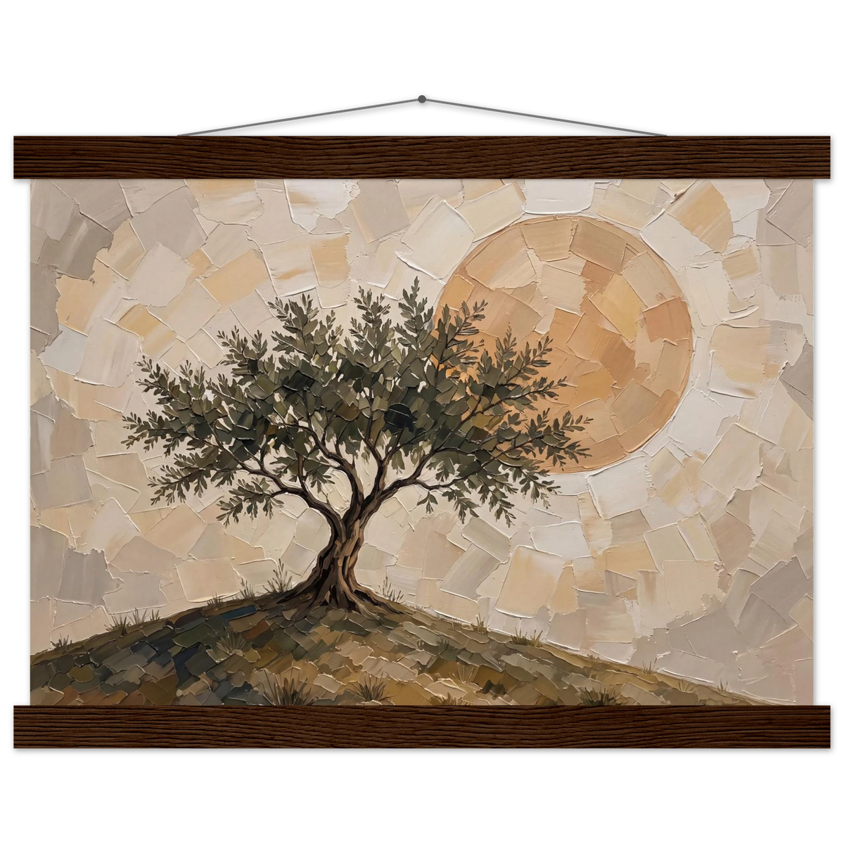 Olive Noon: hills, botanical and golden tones. Fine art poster with wooden hanger by The Light Stays.