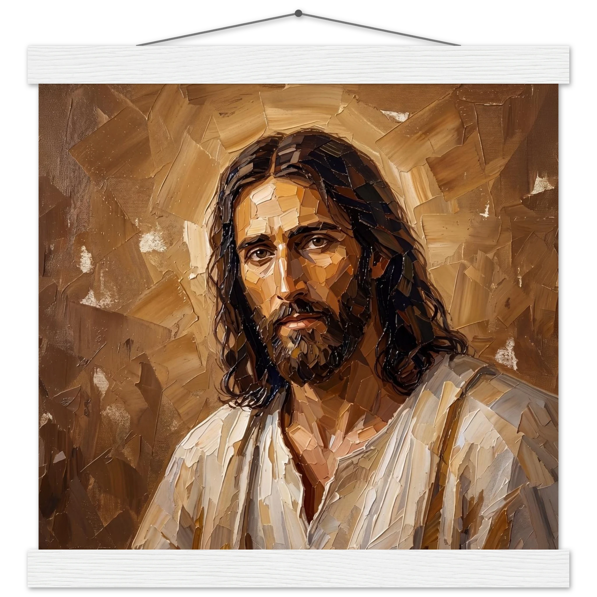 Kind Eyes: jesus, faith and serene gaze. Fine art poster with wooden hanger by The Light Stays.