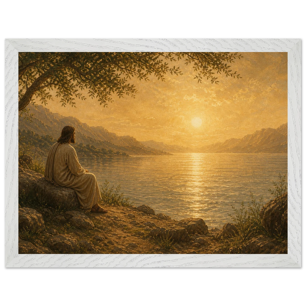 Quadro cristão Bênção do Lago, Jesus sob uma oliveira diante de um lago dourado