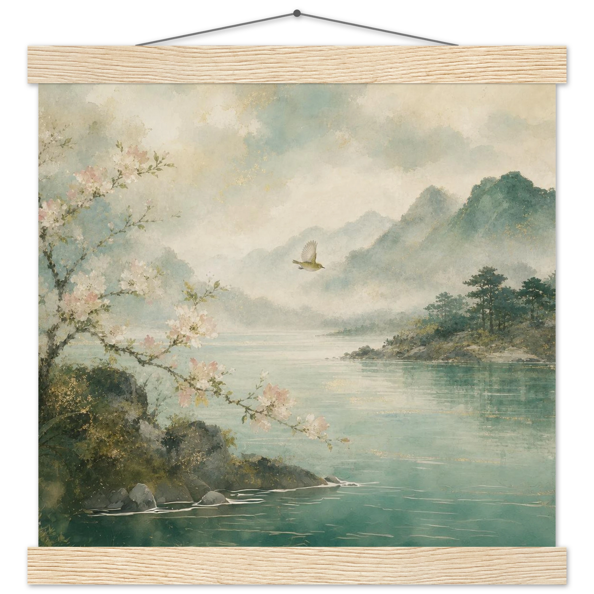 Celadon Flight: birds, japanese landscape and japandi. Fine art poster with wooden hanger by The Light Stays.