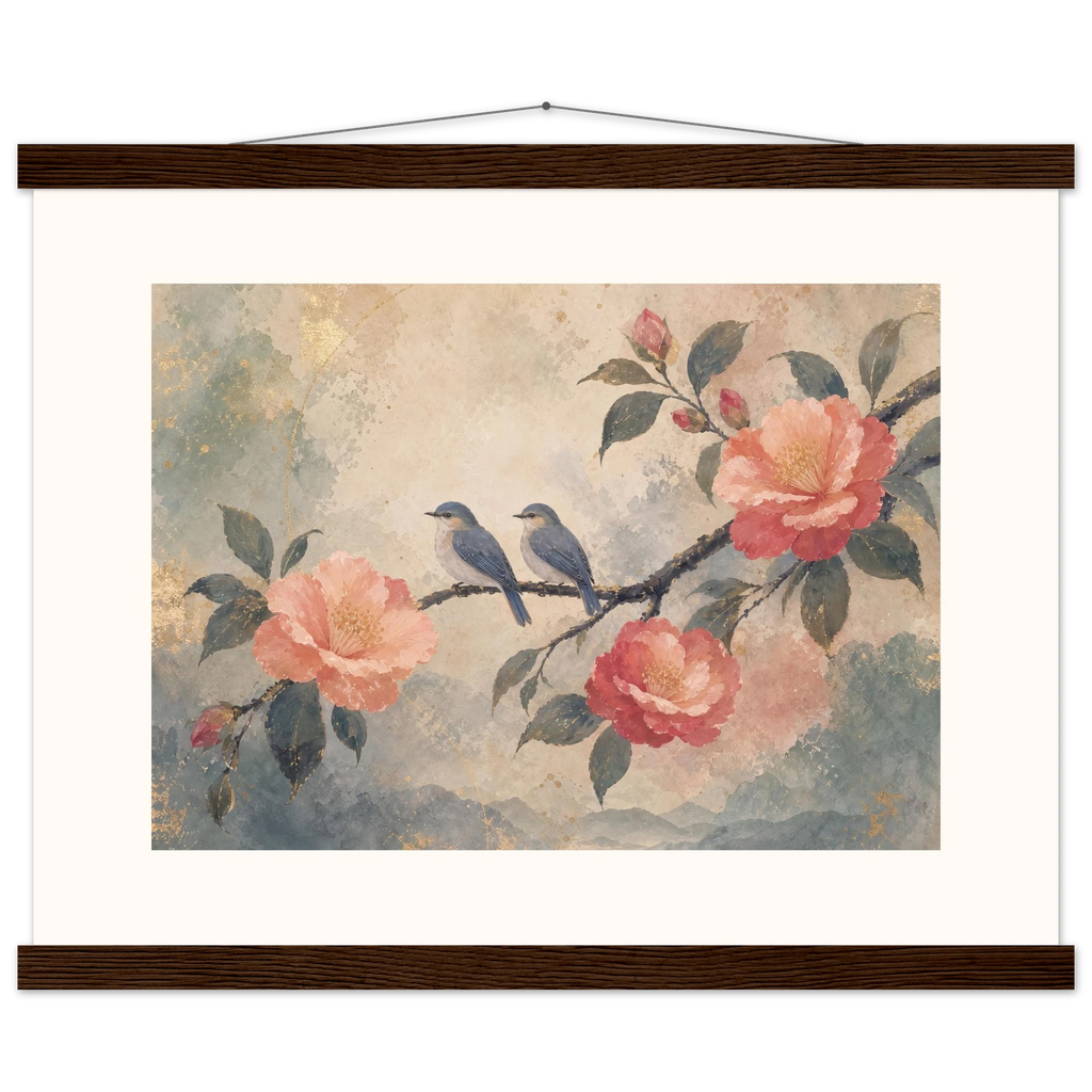 Camellia Birds: flowers and botanical. Fine art poster, alternate frame and size.