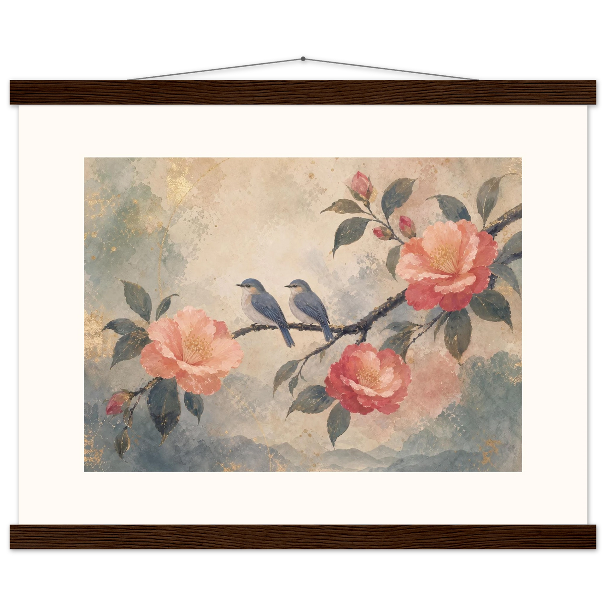 Camellia Birds: flowers and botanical. Fine art poster, alternate frame and size.