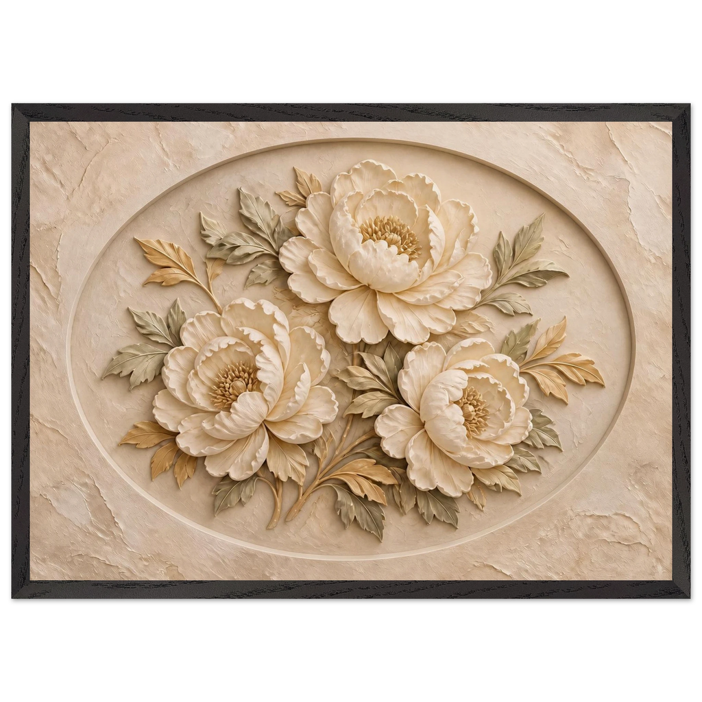 Peonies in Stone: flowers and botanical. Framed fine art print, alternate frame and size.