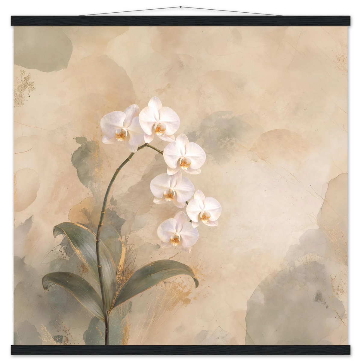 Orchid Luminance: botanical, pale gold and floral art. Fine art poster with wooden hanger by The Light Stays.